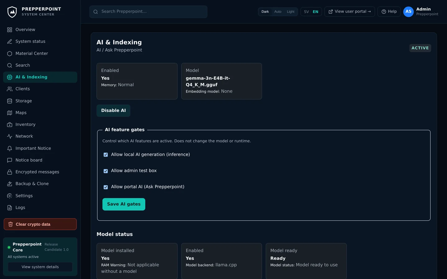Prepperpoint local AI settings
